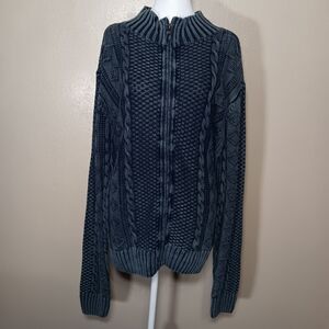 Carbon 2 Cobalt Mens Large Linen Blend Full Zip Cable Knit Sweater, Heavy Knit